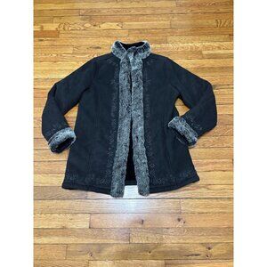 LL Bean Womens Coat Sz Medium Black Shearling Faux Suede Jacket Sherpa Rancher